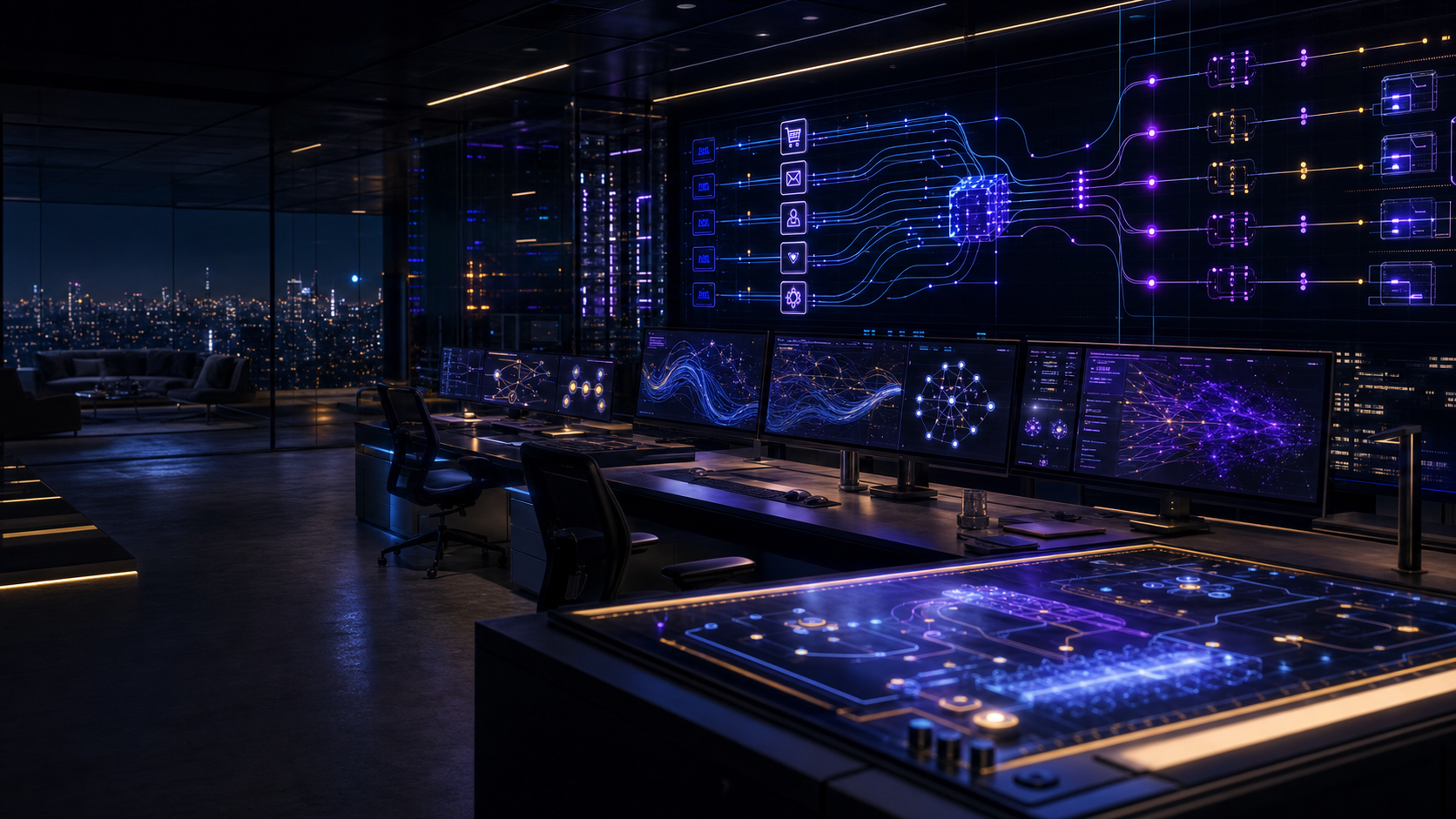 A dark operations room showing connected growth systems and workflow monitors.
